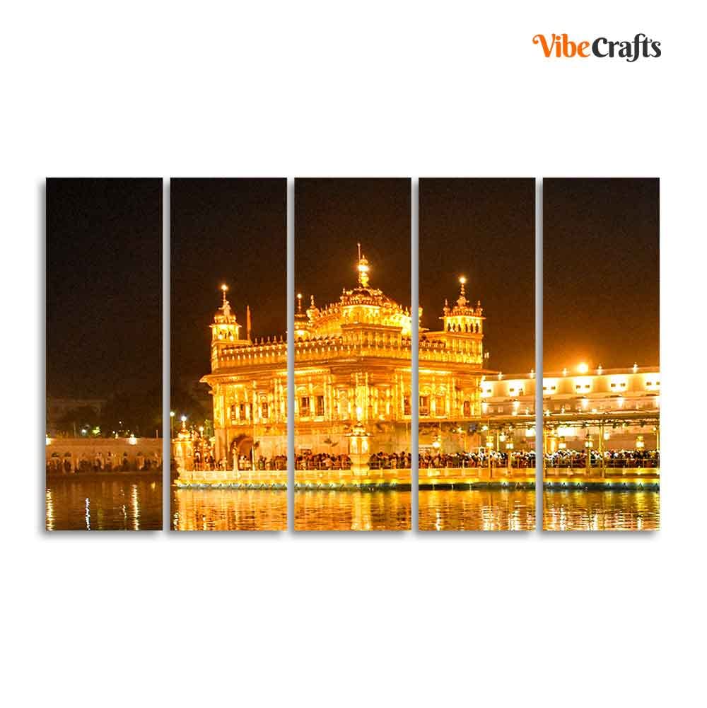VIBECRAFTS Beautiful Golden Temple Canvas Wall Painting of Five Pieces For Home|Office|Living Room|Gift (PTVC5Pcs4_8659)