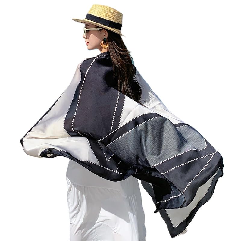 Alexvyan Satin Silk Summer Scarves 170 x 84 cm, Black & Grey Colour with Stitched Border, Lightweight Fashion Scarf for Women Sun Protection Stole