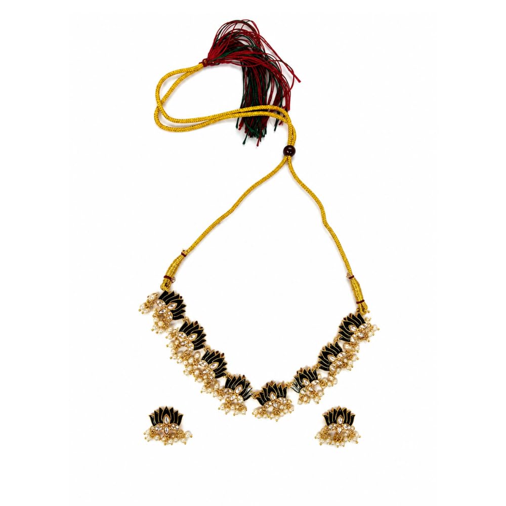 Traditional Black & Gold Lotus Design Necklace Set for Women | Adjustable Dori | Handmade Ethnic Jewelry with Matching Earrings | Wedding, Festival