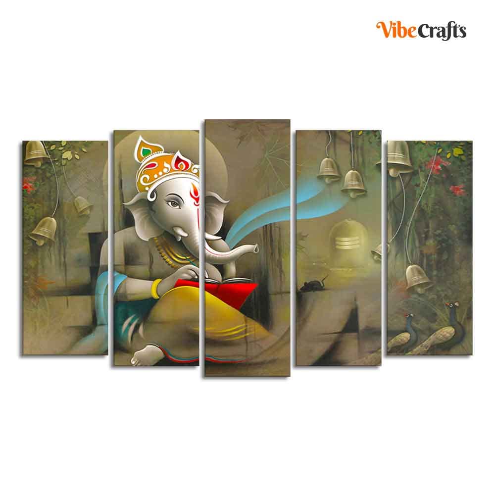 VIBECRAFTS Beautiful Shree Ganesh Premium Wall Painting Set of Five Pieces For Home|Office|Living Room|Gift (PTVC5Pcs2_6549)