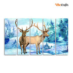 VIBECRAFTS Pair of Deer in Snow Covered Forest Five Pieces Wall Painting For Home|Office|Living Room|Gift (PTVC5Pcs4_8577)