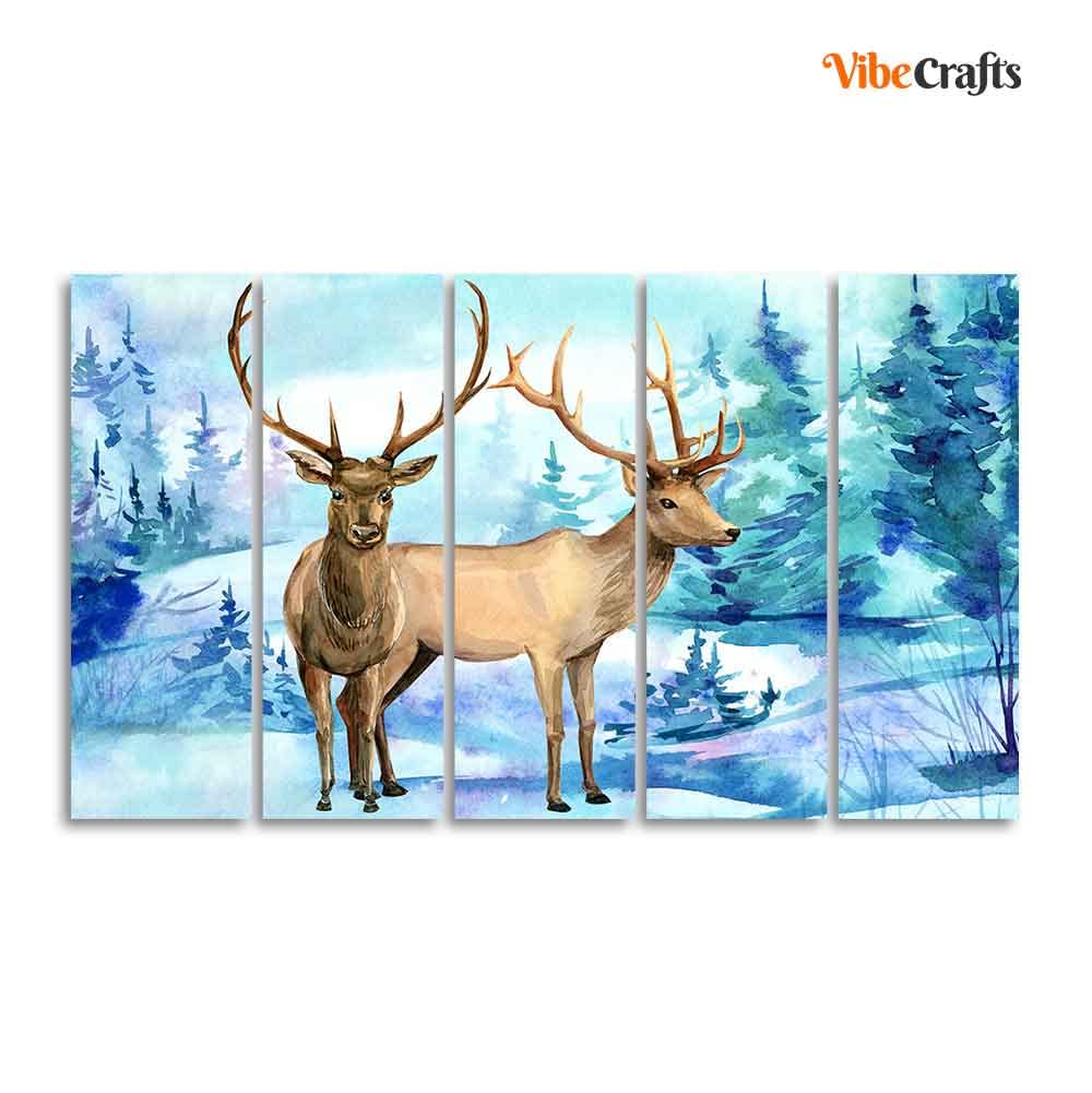 VIBECRAFTS Pair of Deer in Snow Covered Forest Five Pieces Wall Painting For Home|Office|Living Room|Gift (PTVC5Pcs4_8577)