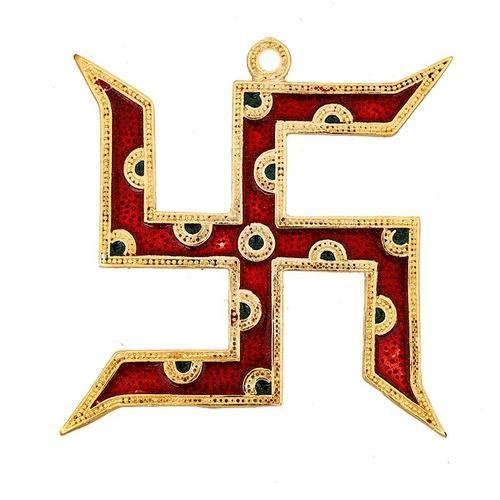 Prince Home Decor & Gifts Wall Hanging Swastika Gold Plated with Red Meena Work for Home Decor