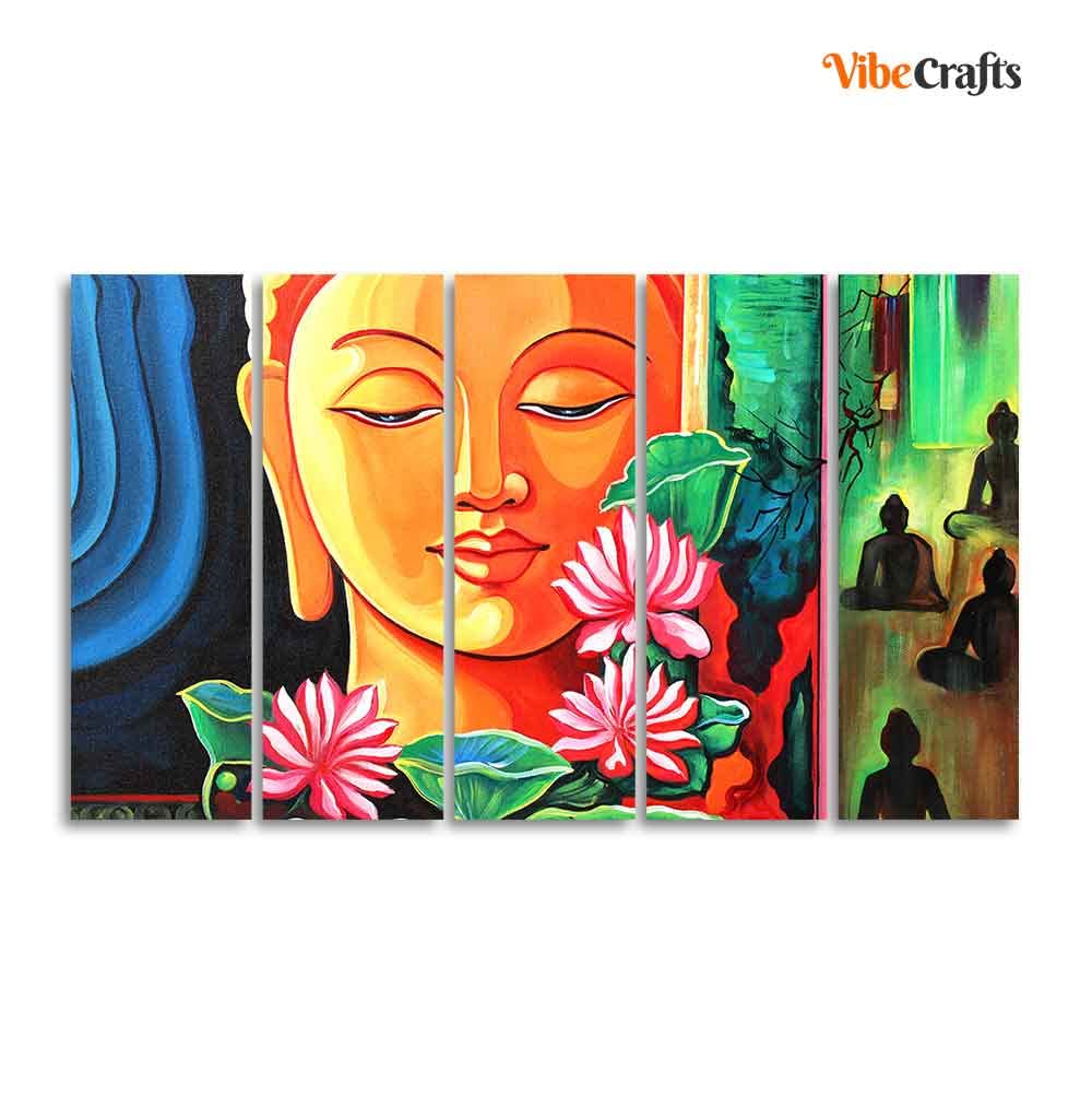 VIBECRAFTS Spiritual Gautam Buddha Wall Painting of Five Pieces For Home|Office|Living Room|Gift (PTVC5Pcs4_8699)