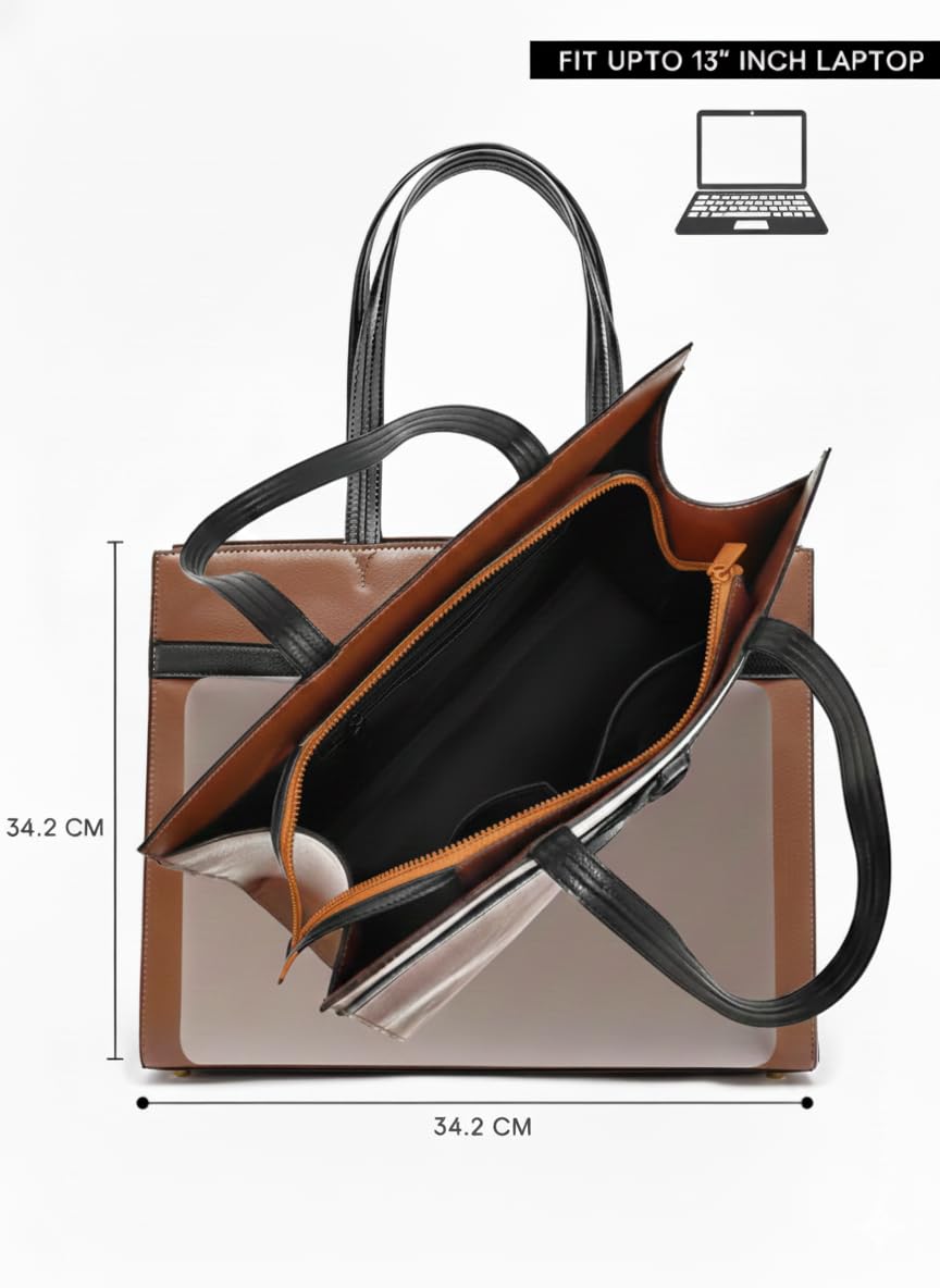 HIE Farah Tote Bag for Women & Girls – Vegan Leather Handbag with Contrast Handles, Zipper Closure, Mobile & Key Pockets – Stylish Large Shoulder Bag for Office, Work & Daily Use.