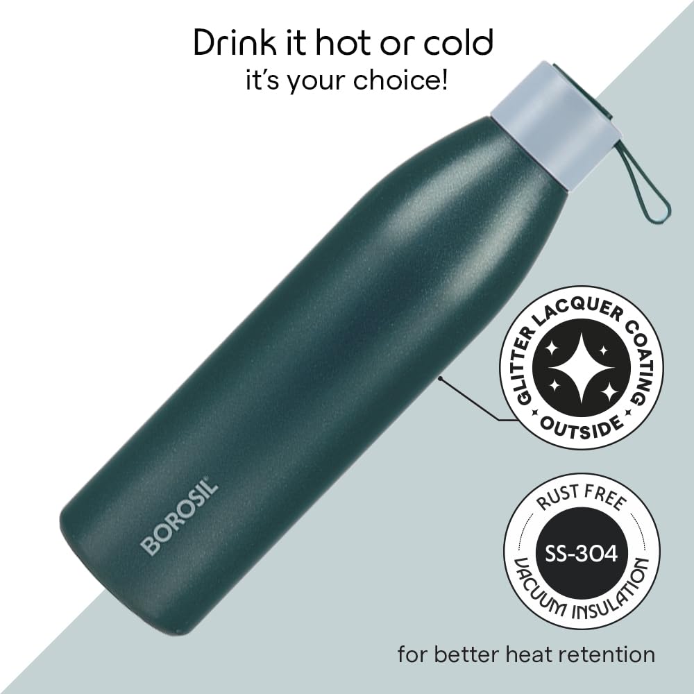 Borosil Hydra 750ml Duomate Green Stainless Steel Bottle | 24 Hours Hot and Cold Double Wall Vacuum Insulated with Copper Coating | 1 Year Warranty