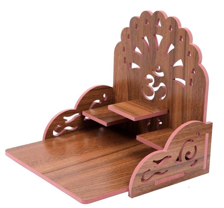 AVONIX LASER STUDIO Traditional Wooden Pooja Mandir with Om Symbol, Dual Elevated Platforms, and Ornate Side Cutouts – Perfect for Idols and Daily Rituals (Brown)