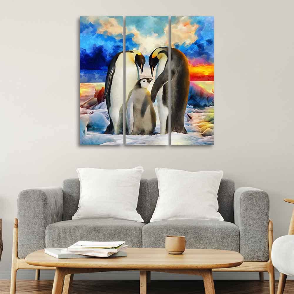 VIBECRAFTS 3 Pieces Animal Of Penguins Canvas Wall Painting Fitted With Wooden Frame For Home | Office | Living Room | Gifts (PTVC3Pcs1_9514)