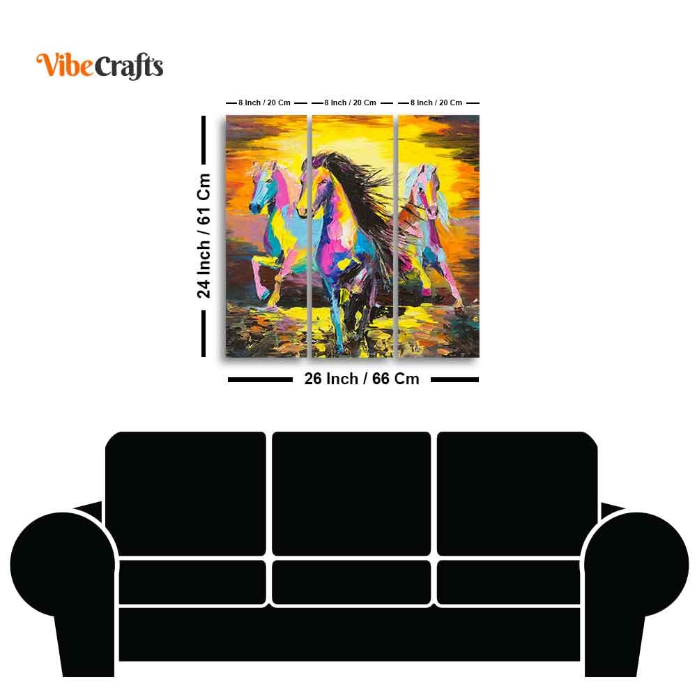 VIBECRAFTS Horse Running In Sunset 3 Pieces Canvas Wall Painting Fitted With Wooden Frame For Home | Office | Living Room | Gifts (PTVC3Pcs1_9516)