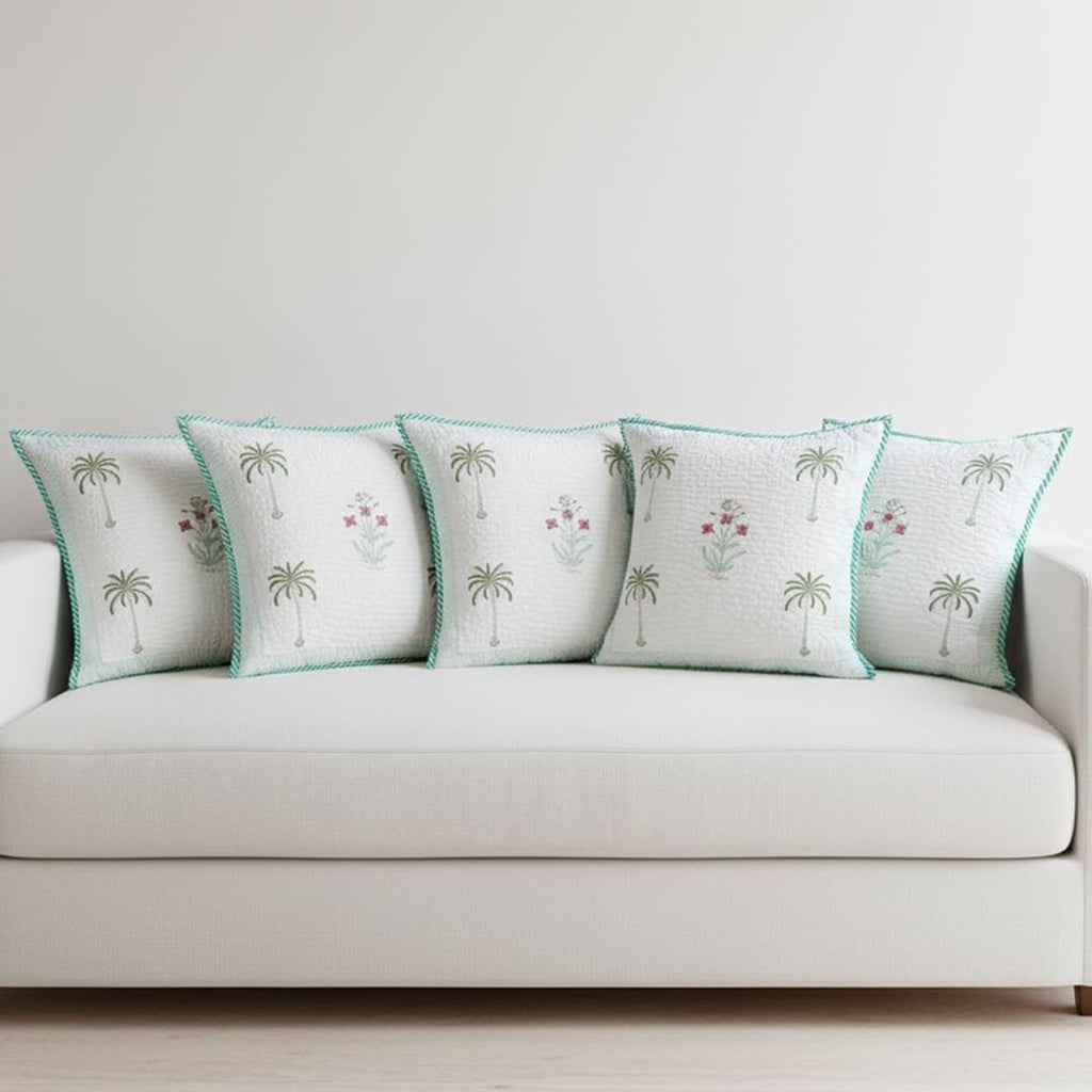 HOMEMONDE Pack of 5 Cushion Covers 24x24 Inches – Floral Hand Block Print, Quilted Cotton 300 TC, Soft Throw Pillow Cases for Sofa & Bed – Green (60x60 cm)