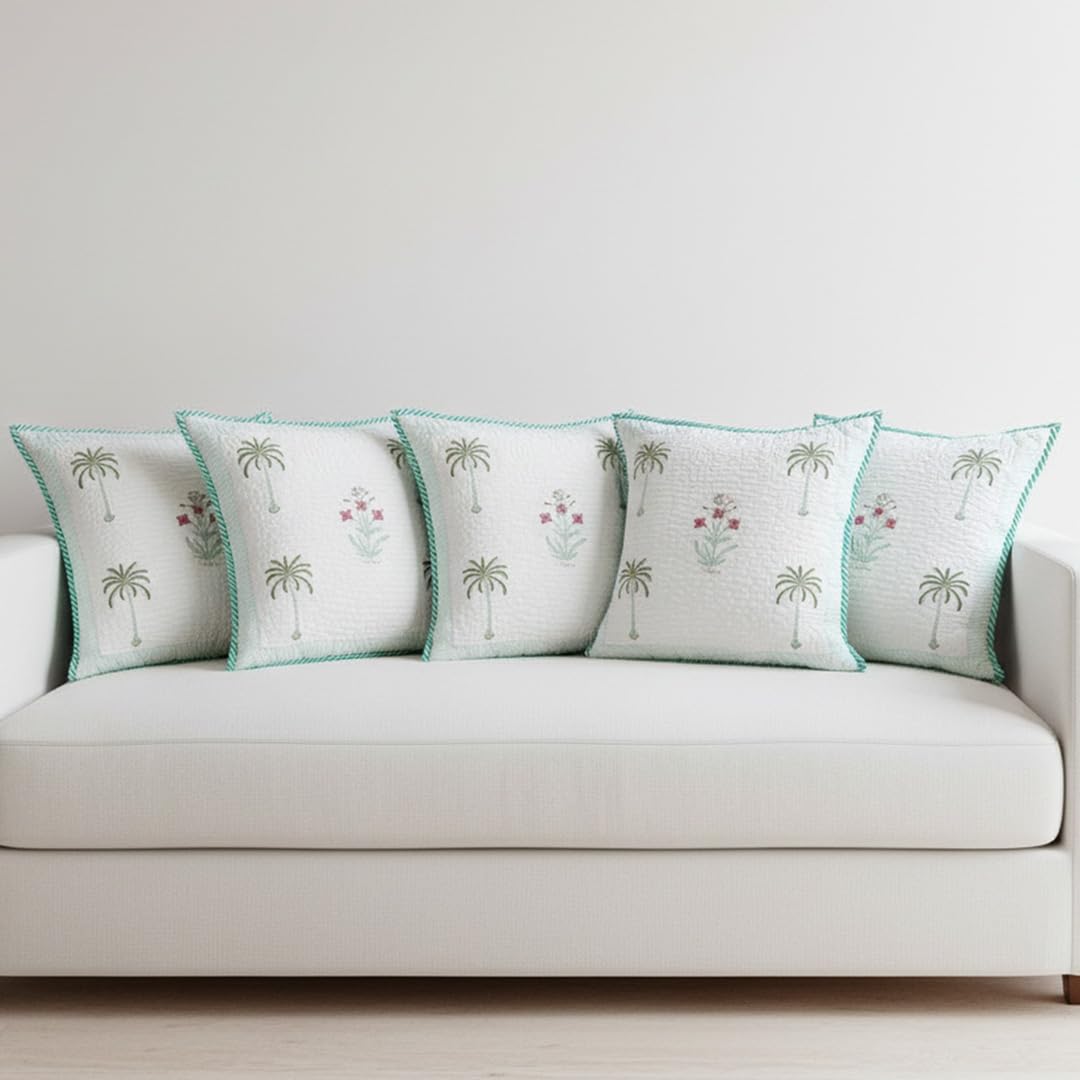 HOMEMONDE Pack of 5 Cushion Covers 24x24 Inches – Floral Hand Block Print, Quilted Cotton 300 TC, Soft Throw Pillow Cases for Sofa & Bed – Green (60x60 cm)