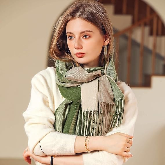 Alexvyan Winter Green Multicolor Long Warm Stoles Shawls Long Big Checked Scarves Woolen Women Casual Scarf Soft Wrap for Casual Formal Occassions- 200CM*70CM
