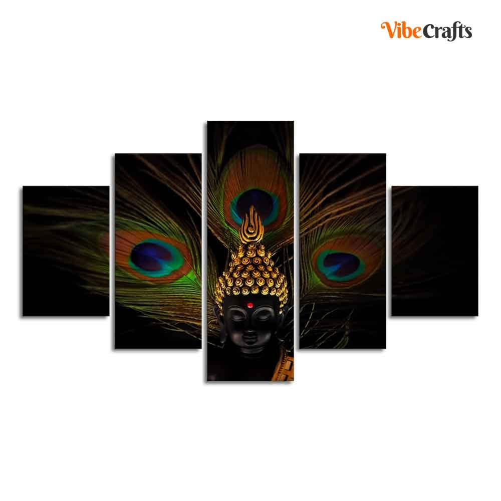 VIBECRAFTS Divine Buddha With Peacock Feather Wall Painting of Five Pieces For Home|Office|Living Room|Gift (PTVC5Pcs1_5541)