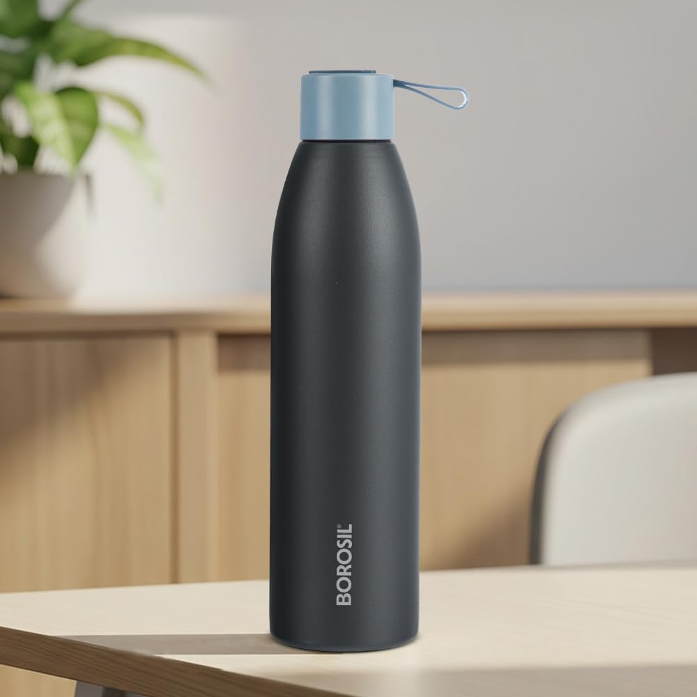 Borosil Hydra 900ml Duomate Black Stainless Steel Bottle | 24 Hours Hot and Cold Double Wall Vacuum Insulated with Copper Coating | 1 Year Warranty
