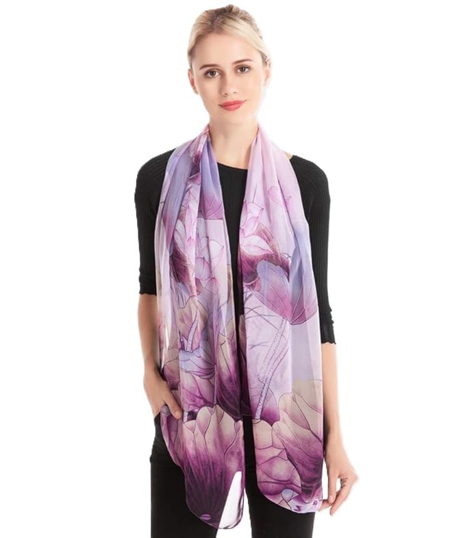 Alexvyan Purple Floral Chiffon Summer Scarves 150 x 50 cm, Light Weightwith Stitched Border, Lightweight Fashion Scarf for Women Sun Protection Stole