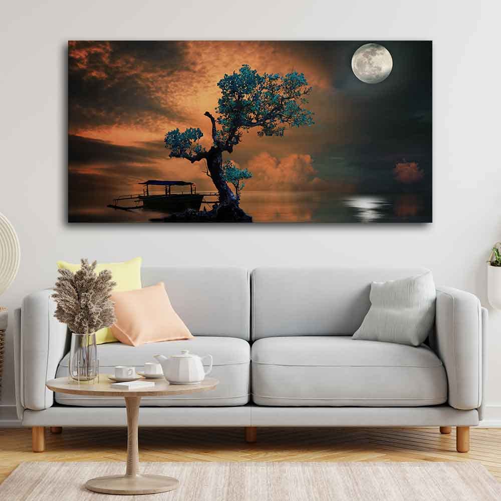 VIBECRAFTS Canvas Paintings for Living Room Drawing Room Amazing Tree Under the Moonlight Premium Painting Wall Art Fitted with Wooden Frame for Home|Office|Gift(PTVCH_2252) (Multi 2)