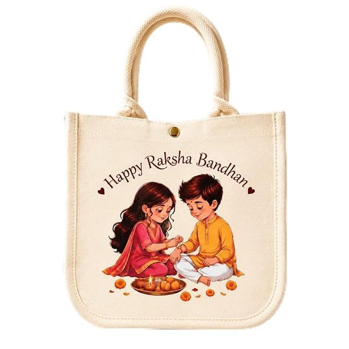 RP MALL Raksha Bandhan Printed Canvas Tote Gift Bag – Cotton Bag Reusable Hamper & Return Gift Bag with Closure,Synthetic Sheet Support, Designer Print, Eco-Friendly Packaging