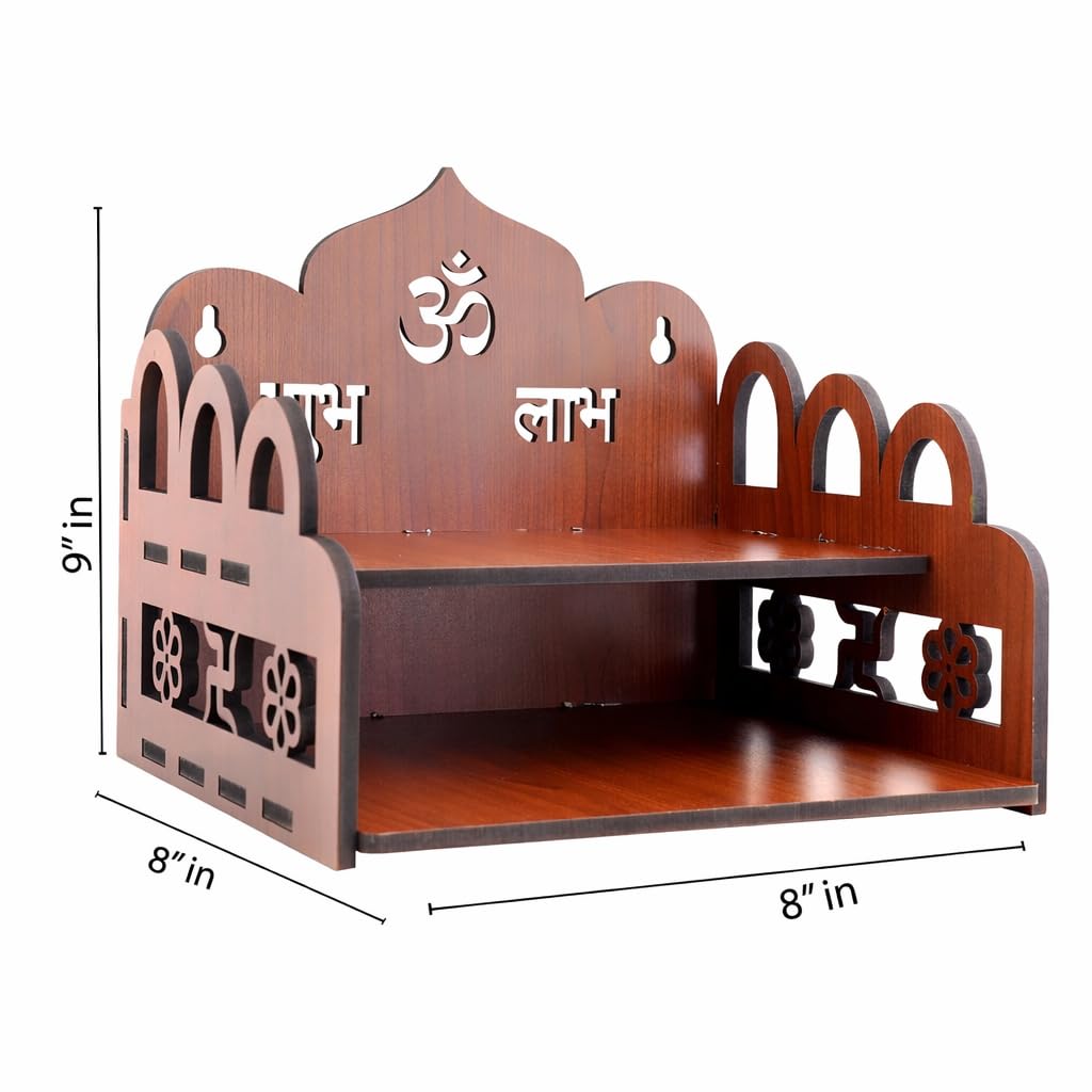 KALMANJUH Wooden Decorative Mandir for Home | Wall Mounted Pooja Stand with Shelves | Ideal Temple for Home,Flats, Offices & Small Spaces Size-20.3D x 20.3W x 22.9H Centimeters