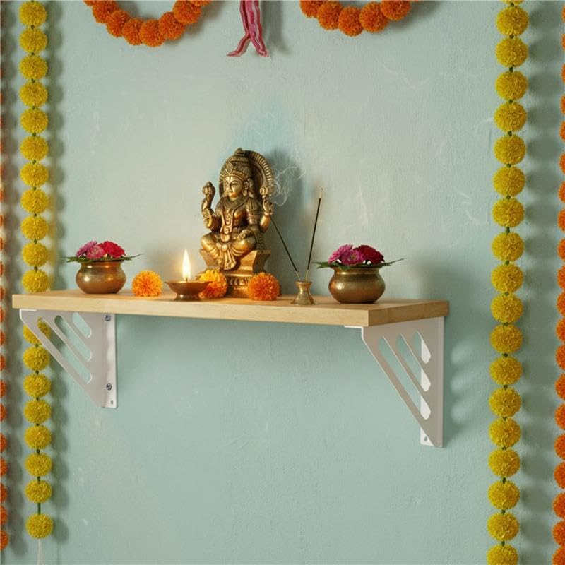 Spillbox Wooden Pooja Home Temple|White Metal Shelf |Wall Mountable|Easy Screw Assembly|Home Temple for Puja Room |Pooja Stand | Mandir-Lines (Large White)