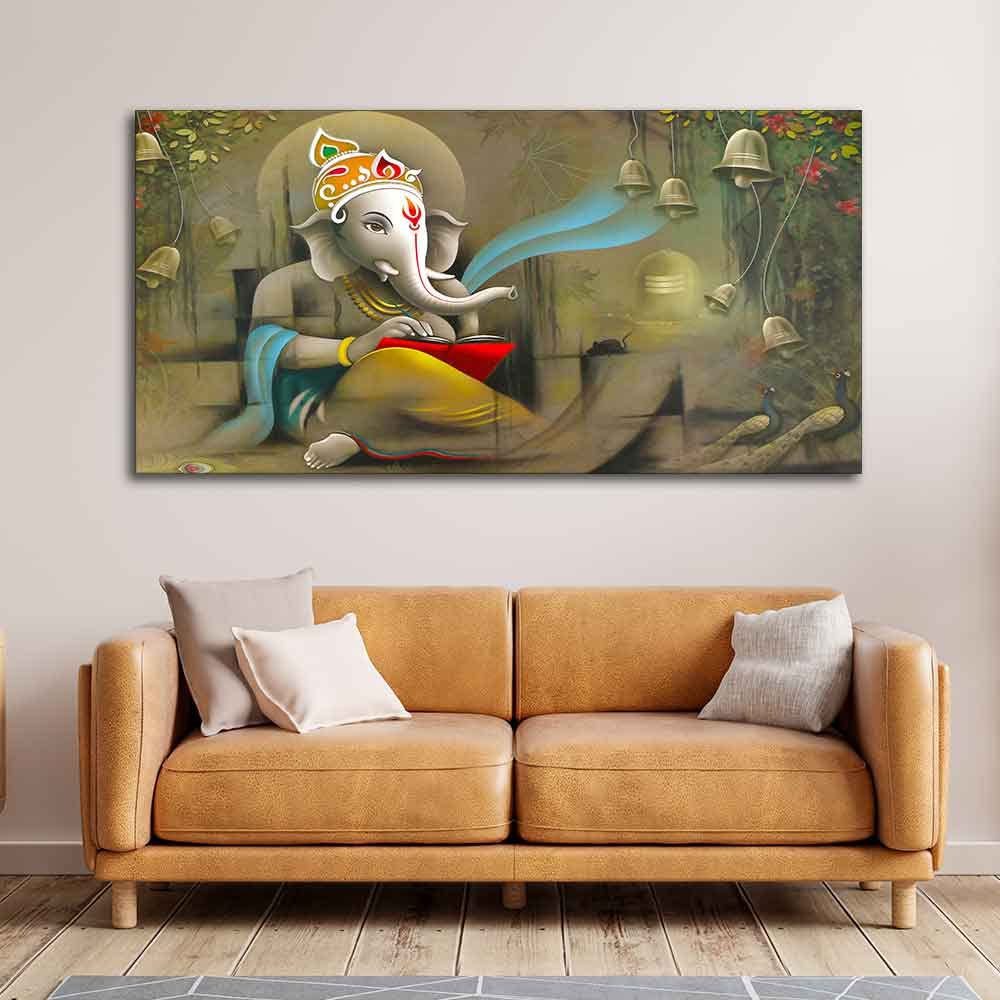 VIBECRAFTS Canvas Paintings for Living Room Drawing Room Auspicious Ganpati Canvas Wall Painting for Home|Office|Gift(PTVCH_2368NV)