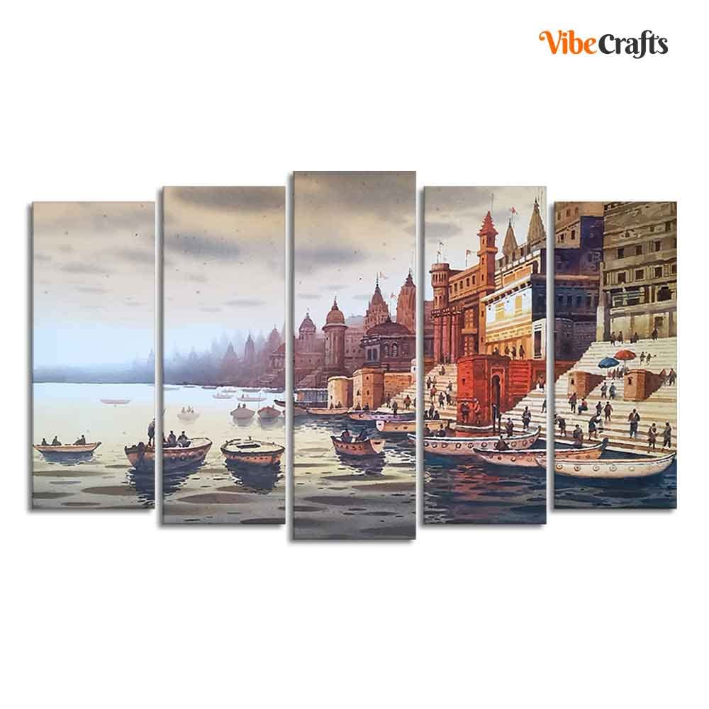 VIBECRAFTS Beautiful Ganga Ghat Canvas Wall Painting of Five Pieces For Home|Office|Living Room|Gift (PTVC5Pcs2_6635)