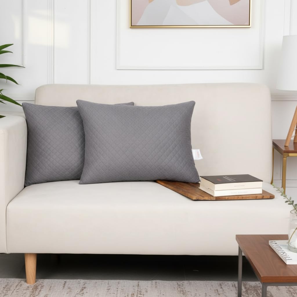 STITCHNEST Quilted Velvet Cushion Covers Set of 2 | Soft Grey | 12x18 Inches | Premium Sofa & Living Room Décor