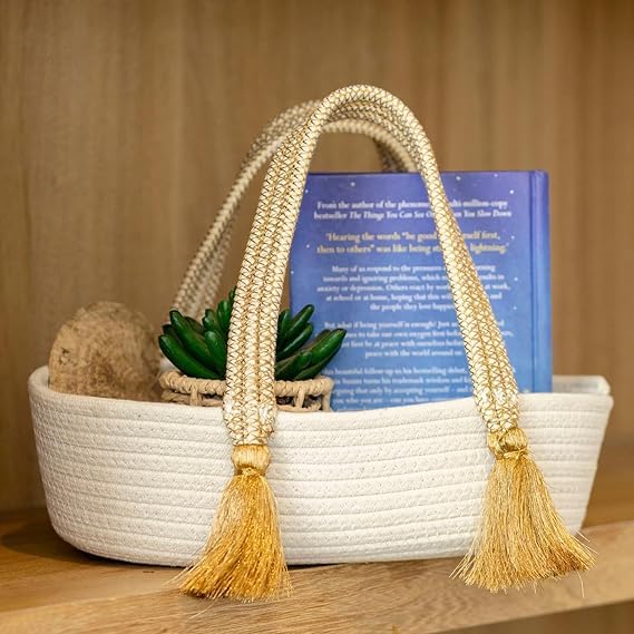 AN Enterprises Woven Rope Tote Basket Bag with Tassel Handles – Large Cotton Rope Storage Basket for Home, Beach, Market, Nursery – Decorative Handbag for Women (Golden Handle)