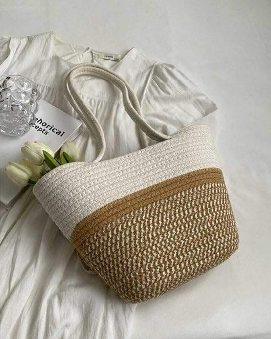 BEAUTIFUL HOMMIES Attractive Hand Bag |large Tote Bag |Summer Bag | Bucket Bag | Basket Bag | Bamboo Tote | Beach Bags for Women|Boho Bag|Handbag |Jute Bag |Handmade Bag (BEIGE WHITE STYLISH)
