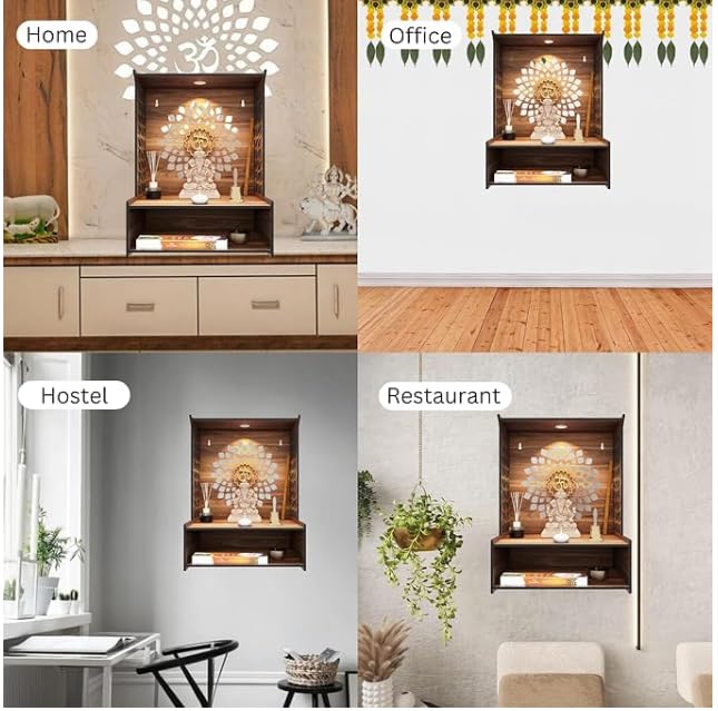 Devaāra Wooden Pooja Stand for Home & Office – Wall-Mounted Mandir with LED Spot Light | Compact DIY Temple for Puja Room Decor (H-15.5, L-11.5, W-9.5 Inch)
