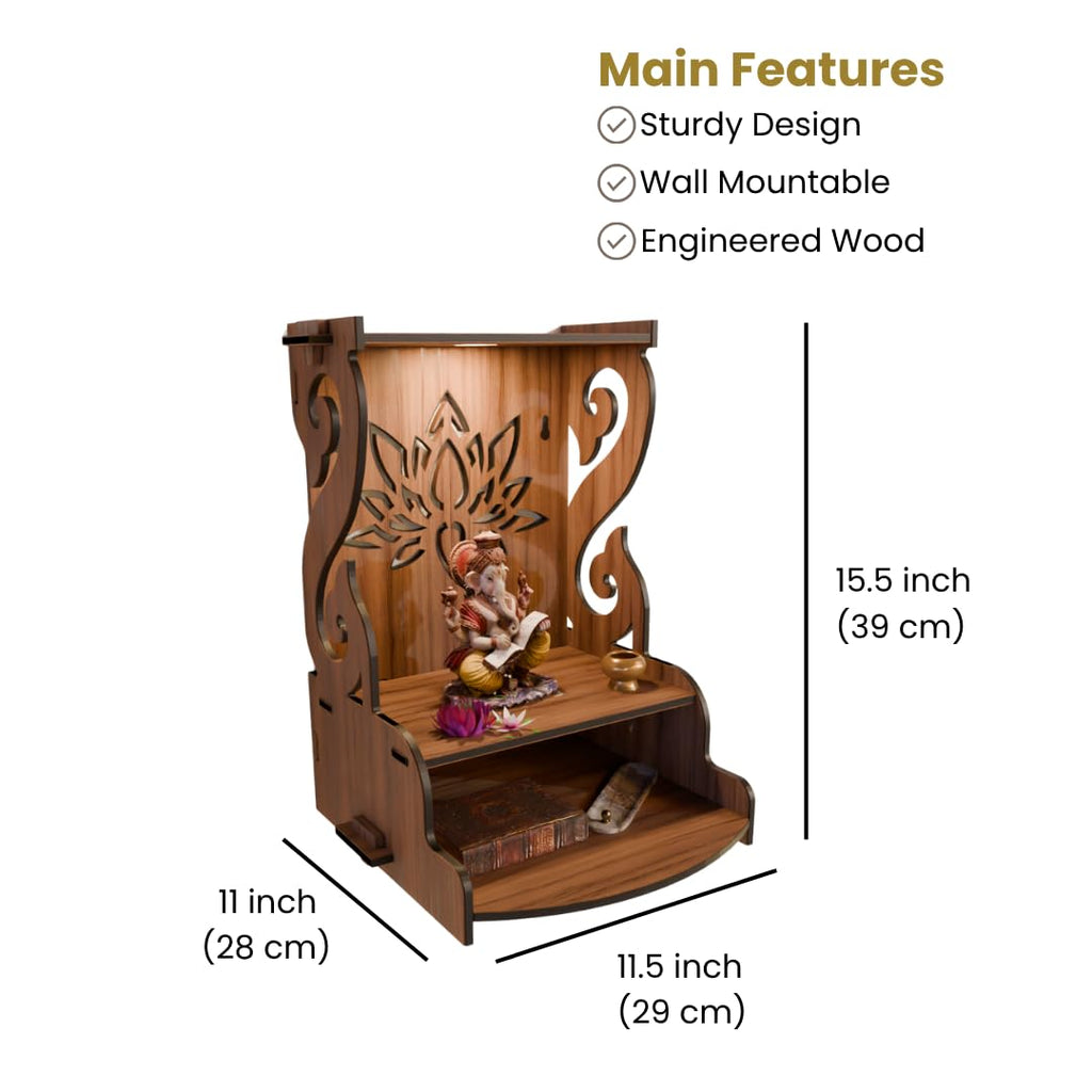 NIVED GODAVARI Engineered Wood Mandir with Spotlight | Extra Storage | 15.5 x 11.5 x 11 inch | Wall Mountable | No Screw/Bolt Screw Assembly | Home Temple | Pooja Stand | Colour: Walnut