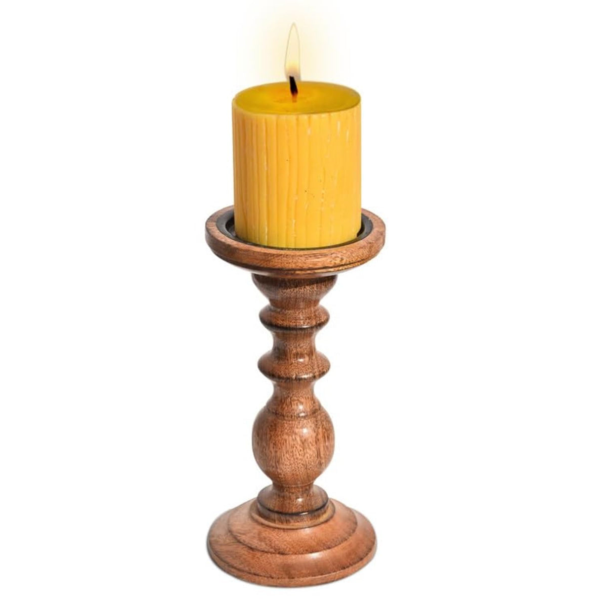 Pure Source India Wooden Candle Holder for Pillar Candles, Natural Mango Wood Vintage Style 8 Tall Candle Stand for Fireplace Dining Table Centrepiece, Decorative Item for Home