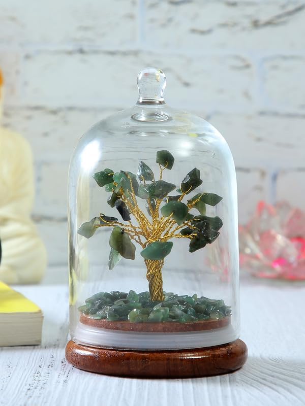 Luxe Art Handcrafted Aventurine Crystal Wish Tree with Glass Dome, 12 cm Decorative Feng Shui Gemstone Tree for Home Office, Wooden Base