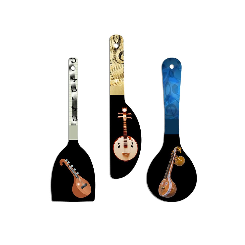 Artvibes Indian Classical Music Instrument Sitar Spoon Shape MDF Wooden Wall Hanging For Decoration | Decor Hanging Ornaments | Modern Decor Items | Artworks Hangings | Gifts (WH_5019NV), Set of 3