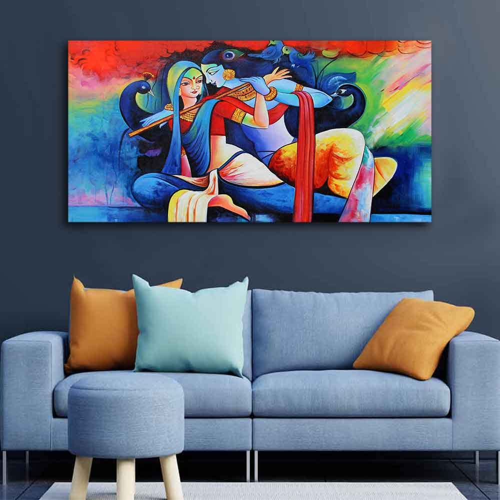 VIBECRAFTS Canvas Paintings for Living Room Drawing Room Radha Krishan Playing Flute Canvas Wall Painting Fitted With Wooden Frame For Home | Office | Living Room | Gift (PTVCH_2479)