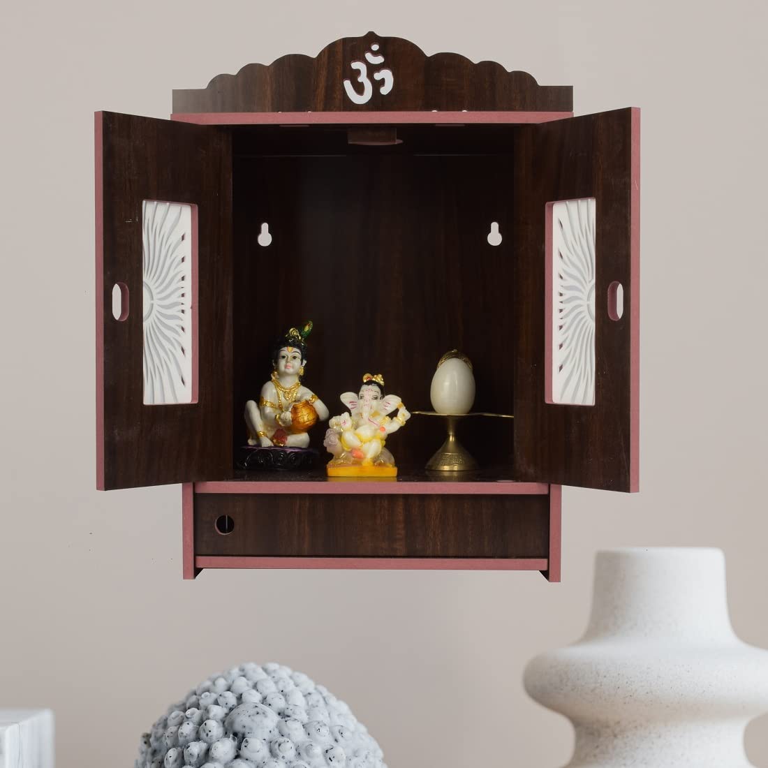 nexat Handmade Wooden Home Temple Without Doors Craving Temple - (DM-Medium- 13x10.5x11 Inch) (maroon-512)