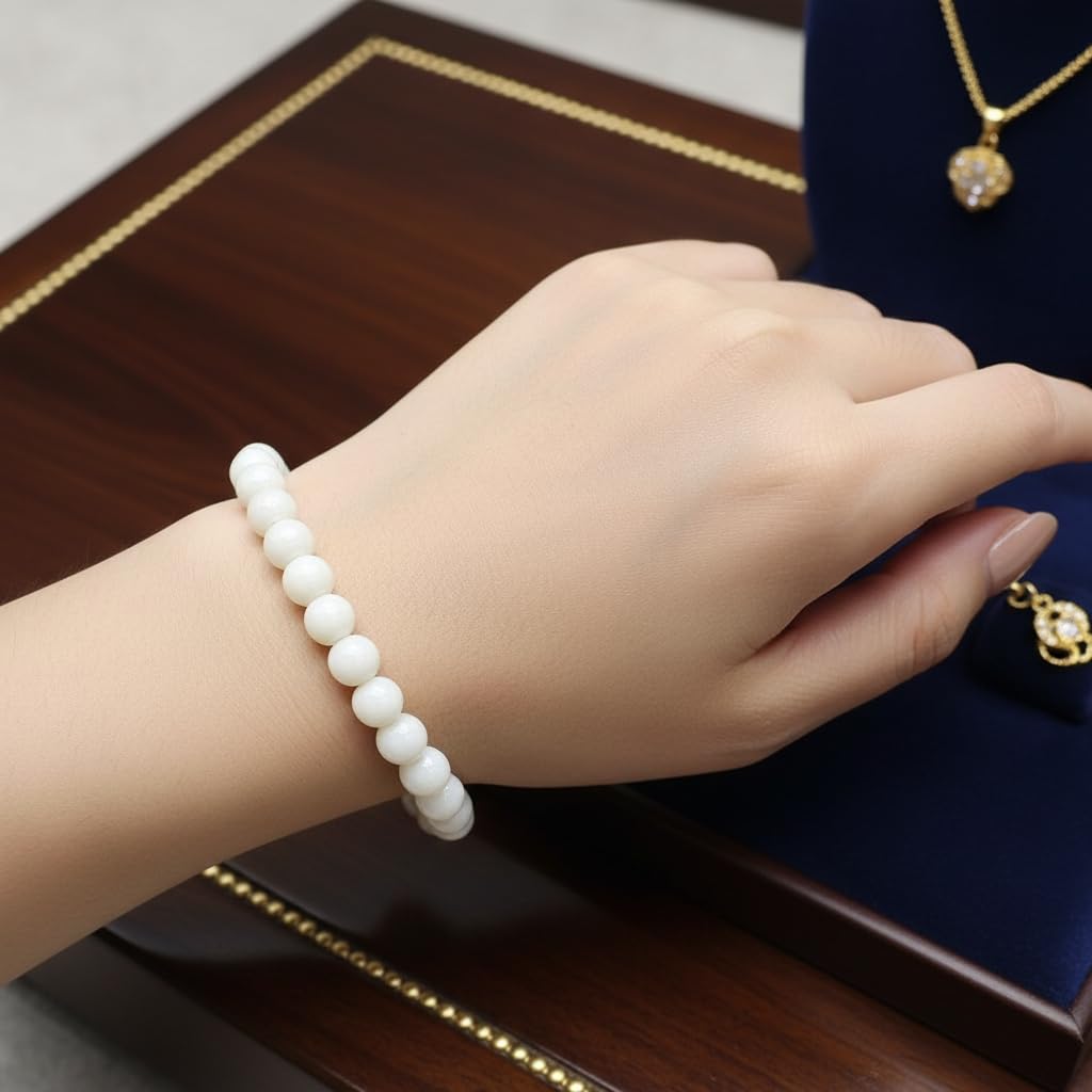 RRJEWELZ Milky Quartz Bracelet for Men & Women | 8mm Round Smooth Gemstone Beads | Stretchable Crystal Healing Bracelet | 7 Inch Handmade Bracelets|RR_SBRC_016