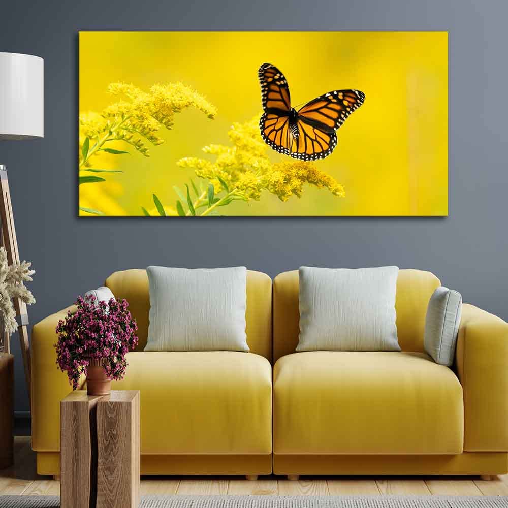 VIBECRAFTS Canvas Paintings for Living Room Drawing Room Monarch Butterfly On Yellow Flower Premium Canvas Wall Painting Fitted With Wooden Frame for Home | Office | Gift (PTVCH_2330)