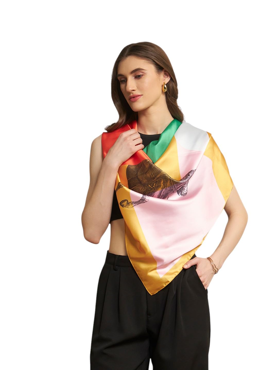 Ravaiyaa - Attitude is everything Women Silk Digital Print Large Square Scarf Breathable Lightweight Neckerchief Printed Headscarf 40 x 40 Inch (Yellow Multicolor Horse Sketch)