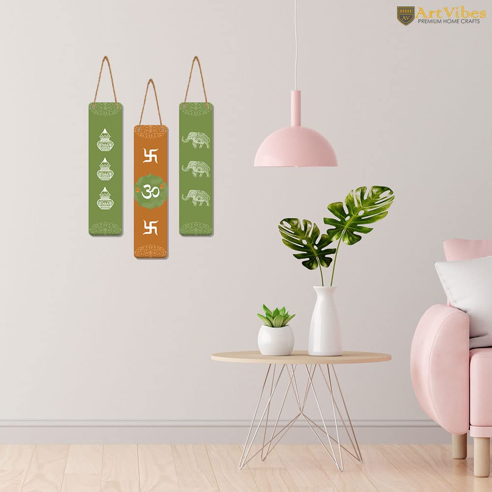 Artvibes Auspicious Symbols Wooden Wall Hanger for Good Luck | Prosperity Home | Office | Spiritual Decor Items | Wall Poster | Art Prints| Stylish Modern Decor Item | Gift Items (WH_8105N), Set of 3