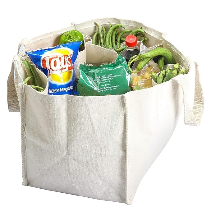 Any Time Unisex-Adult Heavy Duty Cotton Canvas Reusable Vegetable Utility Bag/Grocery Bag/Carry Bag/Shopping Bag With 6 Compartments/Pockets For Organized Storage, White Pack Of 1