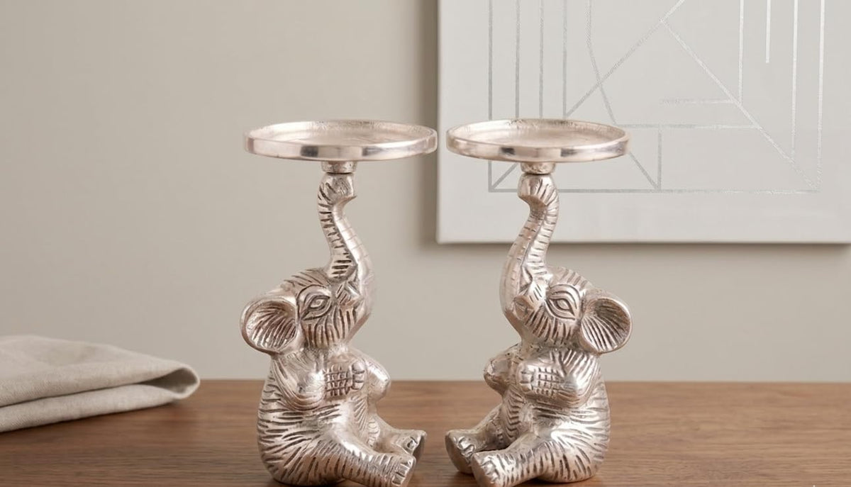 KridayKraft Elephant Candle Holders Set of 2 Pcs- Decorative Cast Aluminum Figurine Pillar Stands - Lucky Elephant Statues for Home Decor, Living Room, Gifting - Raised Trunk Design