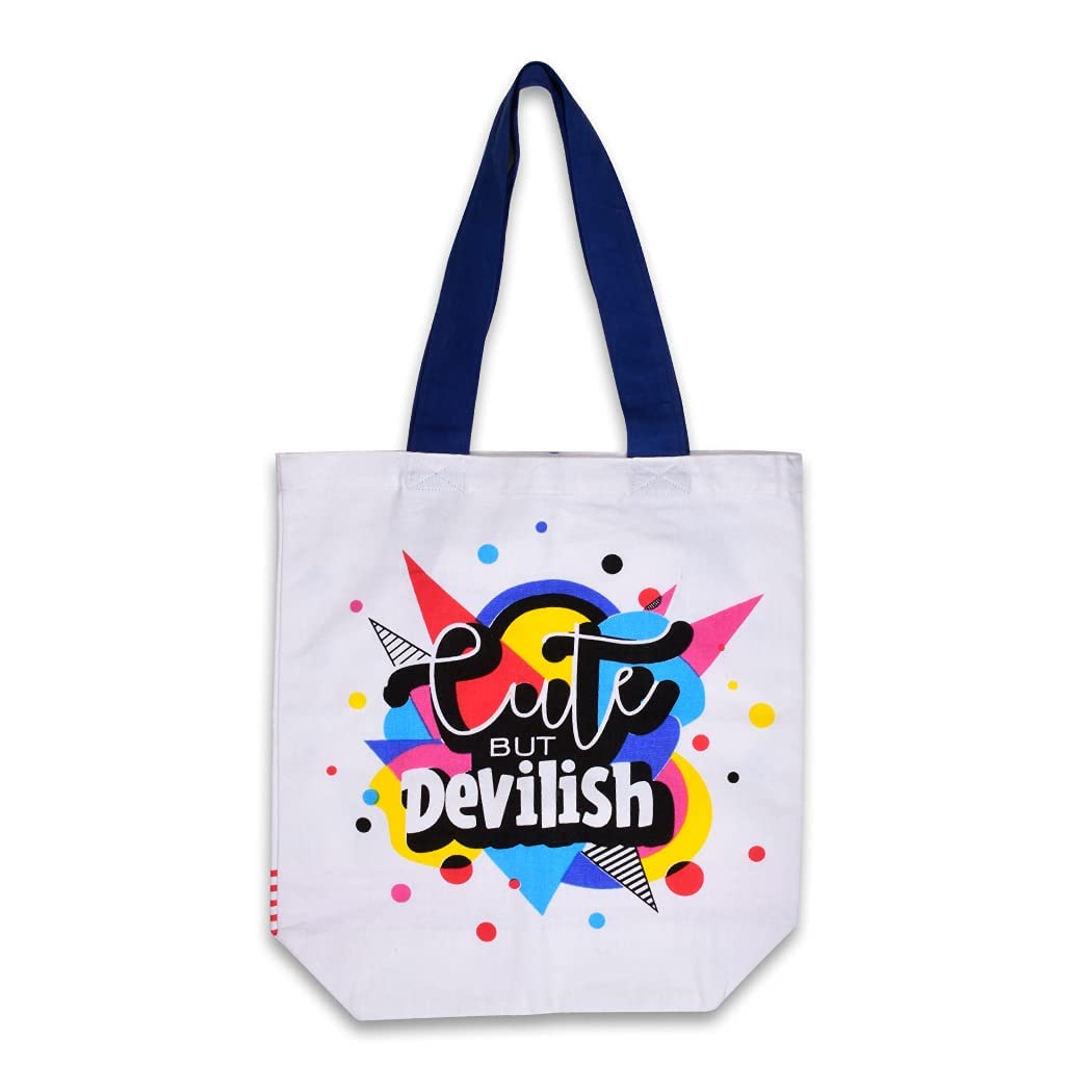 DOODLE Canvas Tote Bag for Women & Girls | 100% Cotton Eco-Friendly Shoulder Bags for Shopping & Travelling I Washable and Reusable - (Devil Drama)