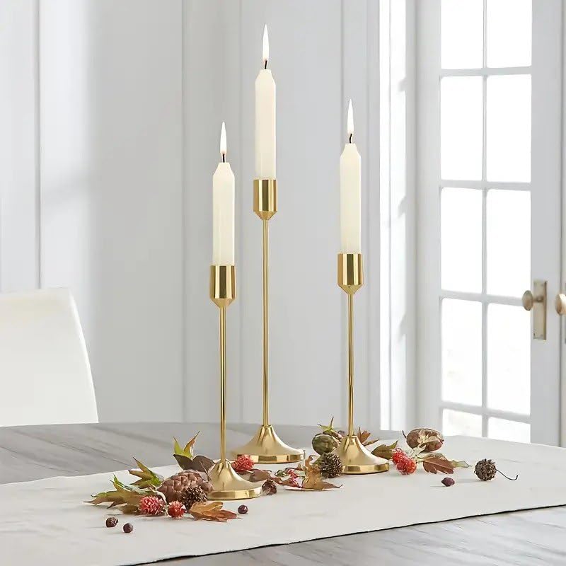 PIXELERA Vintage Brass Gold Candlestick Holder Set of 3 | Tall Elegant Taper Candle Stands, Decorative Antique Style, Metal Candle Holders | Wedding Table Centerpieces Festive Dining Decor Mantel