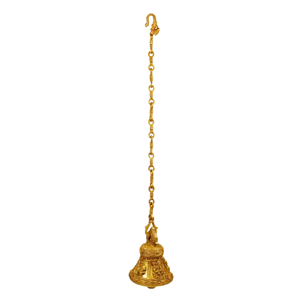 Artvarko Ethnic Handcrafted Engraved Ganesha on Brass Hanging Big Bell with Chain Hanging for Pooja Puja Room Mandir Ghanta Home Entrance Decor