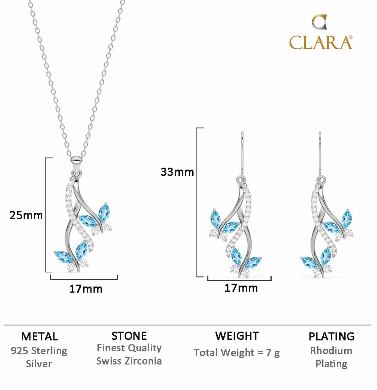 Clara 925 Sterling Silver Butterfly Pendant Earring Chain Jewellery Set