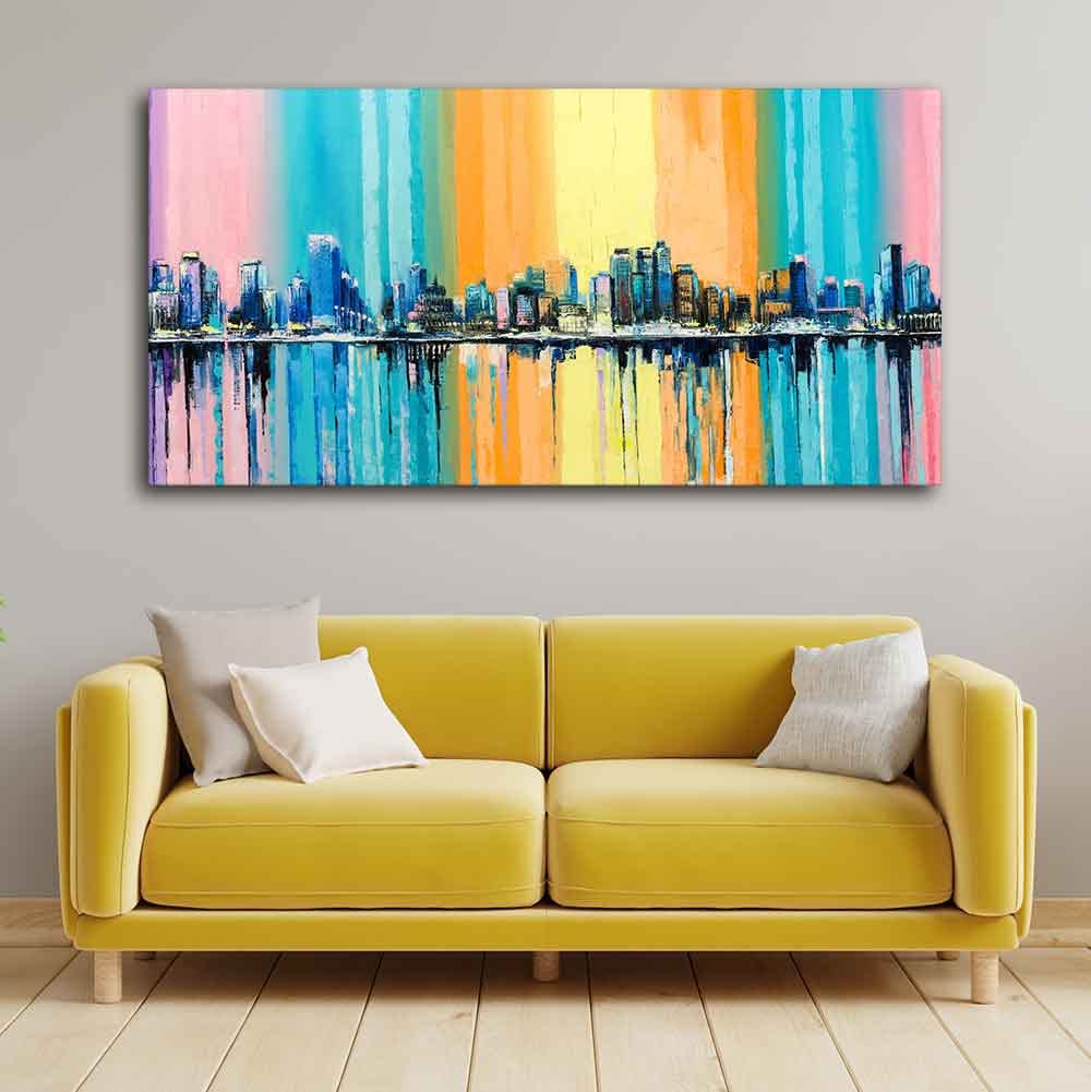 VIBECRAFTS A Fantasy Coastal city with a Rainbow Background Premium Canvas Wall Painting With Frame for Living Room Drawing Room Home|Office|Gift (PTVCH_2226N)