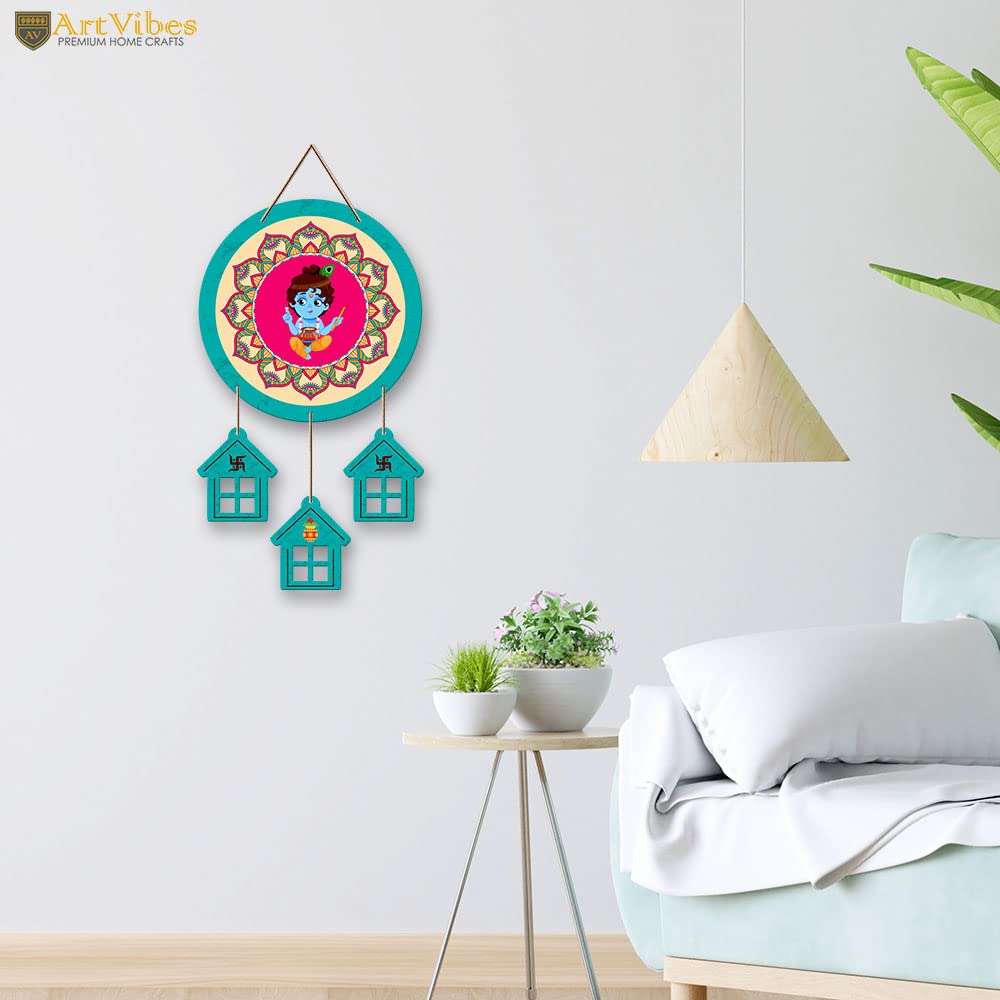 Artvibes Lord Krishna Round Shape MDF Wooden Wall Decor Items | Properity | Spiritual Decor Items | Religious Wall Art | Wall Poster | Artwork| Stylish Modern Decor Item | Gift Items (WH_7210N)