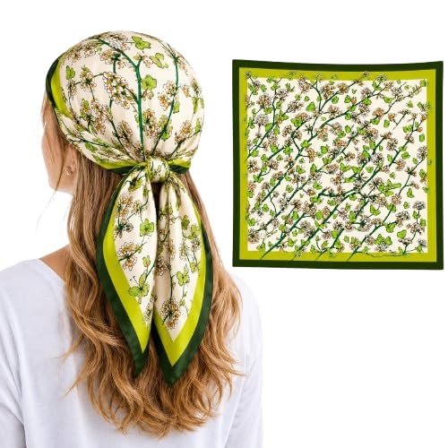 Etietnic Satin Square Head Scarf for Women,GREEN FLOWER Printed