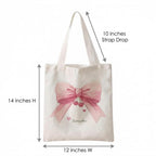 Mohini Dreams Pink Bow Cherry Printed Canvas Tote Bag for Women, Cute White Cotton Reusable Shoulder Bag, Lightweight Handbag for Shopping Travel Office College Daily Use Eco Friendly Carry Bag