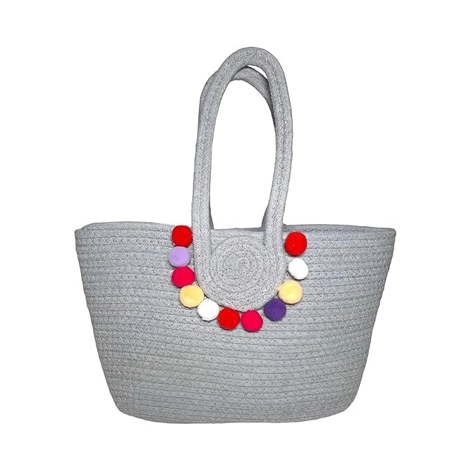 BEAUTIFUL HOMMIES Attractive Hand Bag |large Tote Bag |Summer Bag | Bucket Bag | Basket Bag | Bamboo Tote | Beach Bags for Women|Boho Bag|Handbag |Jute Bag |Handmade Bag (GREY POM POM)